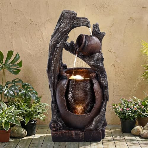 Image of Jocoevol 32 inch H Outdoor Water Fountain, 2-Tiers Clay Pot Waterfall Fountain
