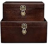 Set of 2 Wood Storage Box with Lock and Keys Decorative Wooden ‎Keepsake Case with Hinged Lid Treasure Chest Jewelry Trinket Organizer Gift Container Boxes for Women Men Letter Photo Rustic Brown