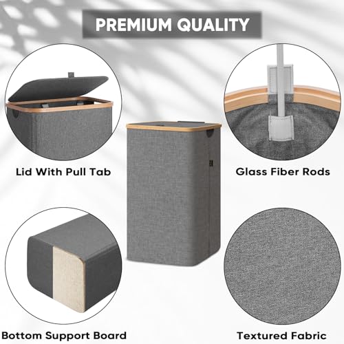 Image of BALEINE Laundry Hamper with Lid, Tall Laundry Baskets with Bamboo Pull Handles, Large Laundry Bin with Internal Support (26 Gal /100L, Grey)