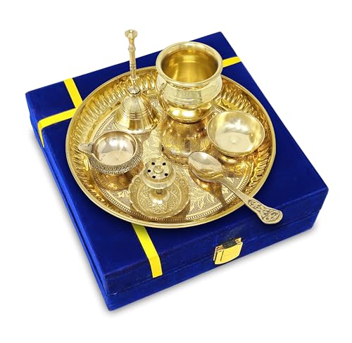Image of BENGALEN Brass Puja Thali Set with Blue Gift Box Very Small 6 Inch Pital Plate Kalash Spoon Chandan Wati Dhup Dan Kuber Diya Ghanti Pooja Arti Thali for Diwali Home Office Mandir Wedding Return Gifts