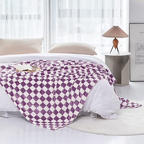 LOMAO Throw Blankets Flannel Blanket with Checkerboard Grid Pattern Soft Throw Blanket for Couch, Bed, Sofa Luxurious Warm and Cozy for All Seasons (Purple, 50"x60")