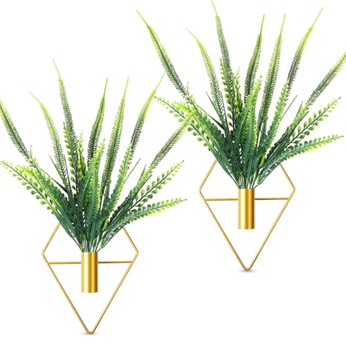 Canlierr 2 Pieces Gold Wall Decor Hanging Planters with Artificial Plants Metal Vase Indoor Plants Holder Modern Geometric Wall Art for Home Bathroom Bedroom Living Room Office(Boston Fern,Large)