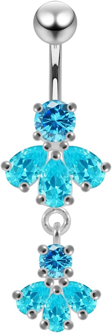 Stylish Double Flower Dangling Design 925 Sterling Silver with Stainless Steel Belly Ring - Belly Button jewelry - Navel jewelry