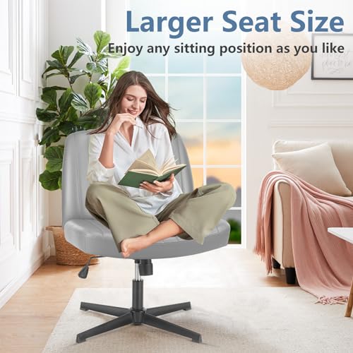 Image of DUMOS Criss Cross Chair No Wheels, Wide Seat Cross Legged Office Desk Vanity Chair, Faux Leather Armless Height Adjustable Swivel Task Computer Chairs for Home, Study, Grey PU