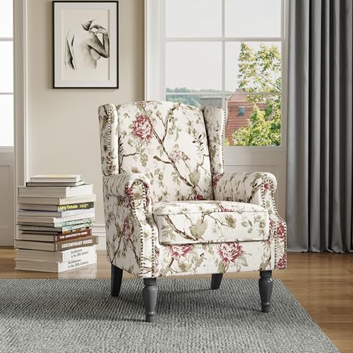 Floral Wingback Accent Chair – Upholstered Nailhead Trim
