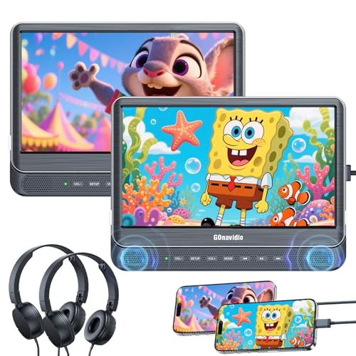 GOnavidio Dual Car DVD Players with HDMI Input, Car TV Screen with Headphones, Mounting Brackets, Support Sync TV/Phone, USB/TF Card, MP4/MKV, Play Same/Different Movies, Dual Speakers, No Battery