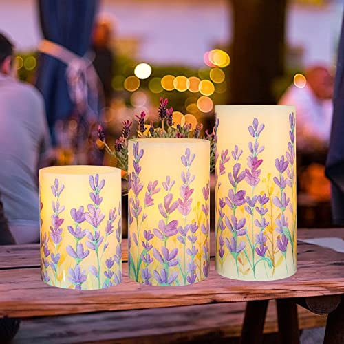 Meltone Set Of 3, Lavender Decal Flameless Candles With Remote, Romantic Theme Led Candles, Real Wax Battery Operated Candles For Home Bedroom Party Room Decor - D3 X H 4" 5" 6" #TOP7