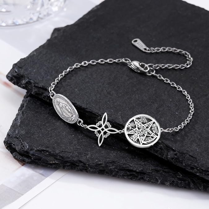 Silver Triple Protect Bracelet for Women,Star Catholic Hollow Bracelets Adjustable Chain Statement Trendy Bracelets Jewelry Gifts for Women - Image 5