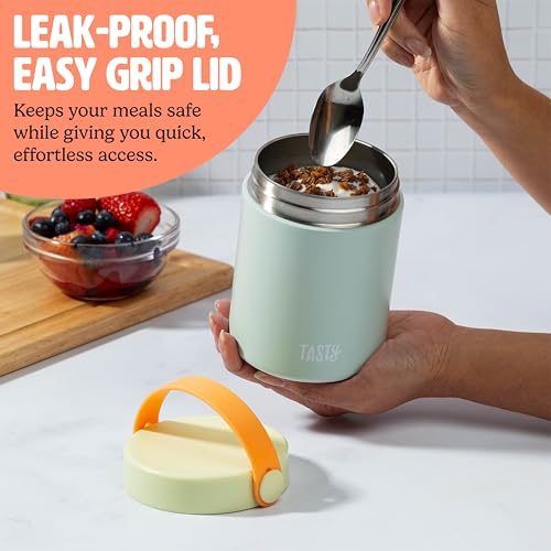 Image of Tasty Food Jar with Folding Handle, Portable Snack Travel or Lunch Container, Stainless Steel Insulated Vacuum with Leak-Proof Lid, Keeps Food Hot or Cold for Hours, 15-Ounce, Aqua