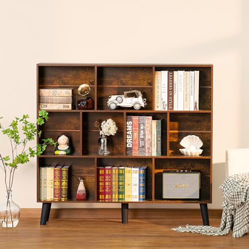 LEYAOYAO 10 Cube Bookshelf,3 Tier Modern Wide Bookcase with Legs,Mid-Century Wood Bookshelves Storage,Brown Large Book Case,Freestanding Organizer Display Shelf for Bedroom,Living Room,Office