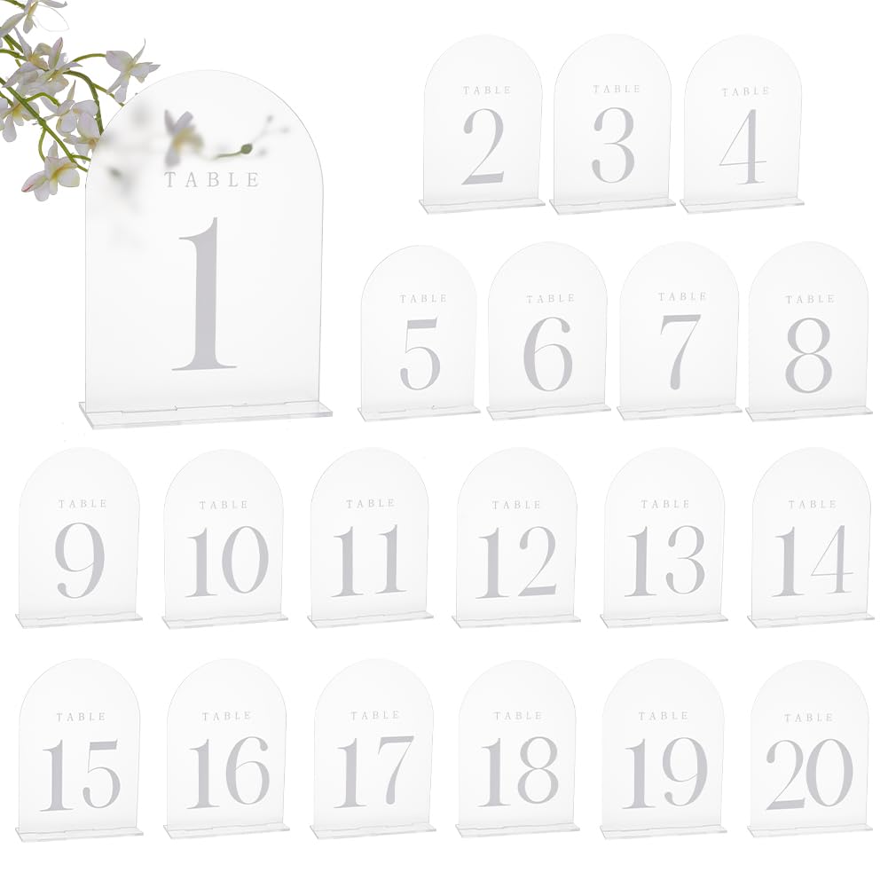 PH PandaHall 20 Imposta Numeri Da Tavolo Smerigliati, Segnali per Numeri Da Tavolo per Matrimonio Numeri Da Tavolo In Acrilico 1-20 cartello In Acrilico Ad Arco con Supporto 18x12.7cm