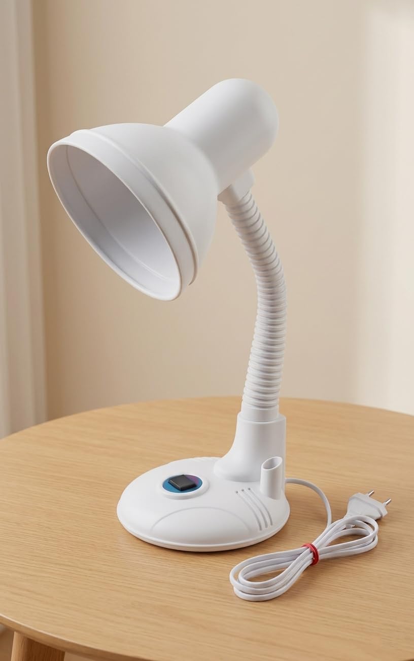 Modern Table Lamp with Adjustable PVC Neck, Metal Head & Plastic Base, B22 Bulb Holder, Glossy Finish Study Lamp for Bedroom, Office Desk, & Reading light | No Bulb Included (14 Inch, White)-image-3