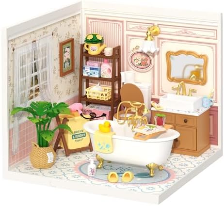 ROBOTIME Super Creator Toy Building Set DIY Miniature House Kit with LED Tiny Room Making Kit Expandable Plastic Craft Toy for Creative Play Home Decor Unique Hobby Gift (Pop Bubble Bathroom)