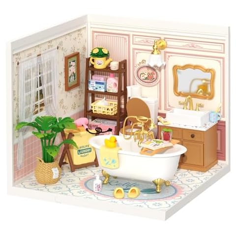 ROBOTIME Super Creator Toy Building Set DIY Miniature House Kit with LED Tiny Room Making Kit Expandable Plastic Craft Toy for Creative Play Home Decor Unique Hobby Gift (Pop Bubble Bathroom) Cover