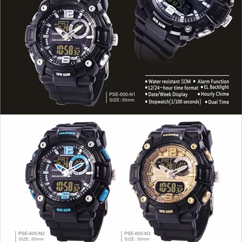 Image of PASNEW Boys' Watches - Dual Display, Large Dial Sport Watch, Black Outdoor Watch for Boys & Teens - Waterproof