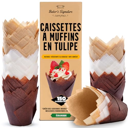 Caissettes Cupcake Tulipe, 150 Pcs – Blanc, Beige et Marron, Moule à Muffin Papier Jetable – pour la Maison ou les Fêtes – Résistants à la Graisse, Faciles à Retirer par Baker's Signature