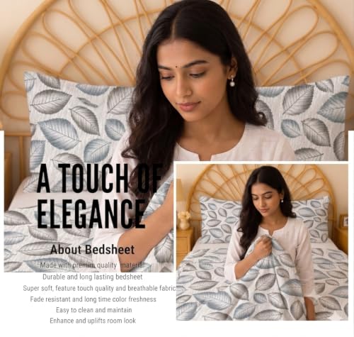 Image of IVAZA 260 TC Soft Ezyption Cotton Floral Single Bed Sheet - Single bedsheet with 1 Pillow Cover Hypoallergenic, Brethable, (Size- 90 x 60 Inch Charcoal Grey
