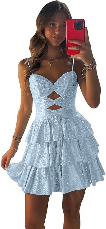 Spaghetti Straps Sequin Homecoming Dresses Short 2025 Cut Out Sparkly Tiered Mini HOCO Cocktail Party Gowns