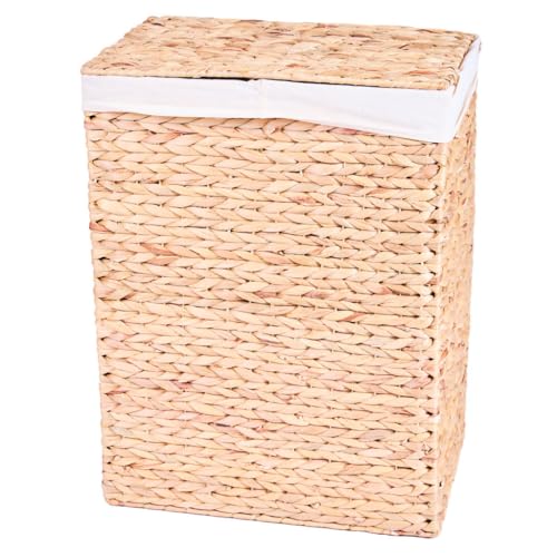 Laundry Basket Water Hyacinth Two Compartment Linen Basket with Removable Machine Washable Cotton Lining and Lid Hallway Bathroom Bedroom Storage Organiser