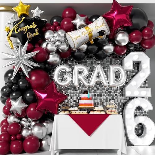 Image of Graduation Balloons Garland Kit 153Pcs, Maroon Black Silver Balloon Arch Kit with GRAD Letters Grad Cap Diploma Balloon Burgundy Balloons Arch for Class of 2026 Graduation Birthday Party Decor