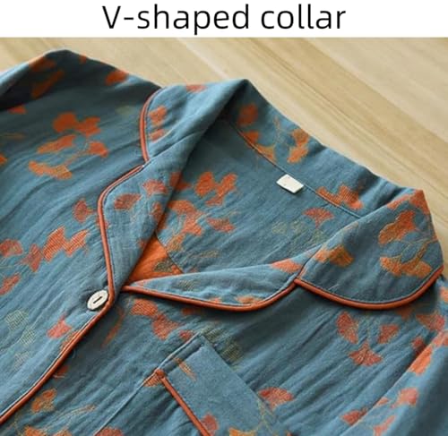 Ginkgo Leaf Button Colorful Floral Pure Pajama,Vintage Leaf Cotton Lapel Loungewear Set,Cozy Pure Cotton Housecoat4