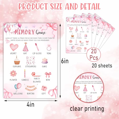 Image of Pink Slumber Party Games Card - Coquette Pink Bow Themed Sleepover Slumber Party Supplies- Sleepover Stuff- Birthday Night Games Creative Idea -Memory Game- 20 Game Cards
