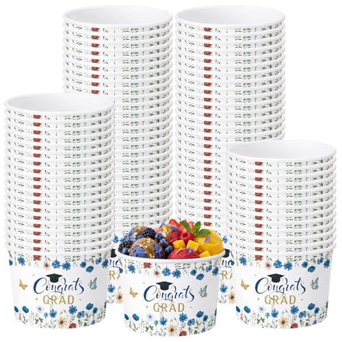 Image of Funnymoom 50 Pack Blue Wildflower Graduation Ice Cream Cups 9 oz Class of 2026 Congrats Grad Disposable Dessert Snack Cups Floral Graduation Paper Soup Bowls for College High School Party Supplies