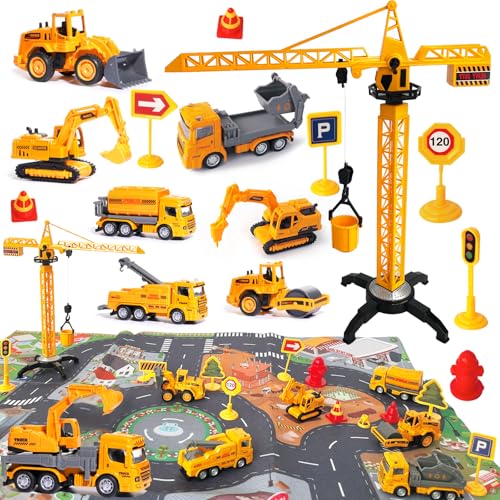 CORPER TOYS Diecast Construction Vehicles Playset Toys for Kids with Road Signs, Play Mat, Tower Crane, Excavator, Bulldozer Alloy Engineering Cars Set for Toddler Gift for Christmas Birthday