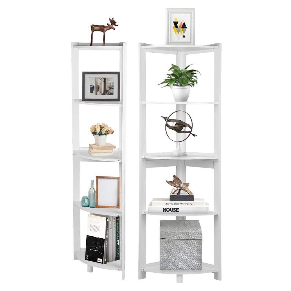 White Corner Bookshelf, Corner Shelf Unit Modern 5Tier Wooden Corner