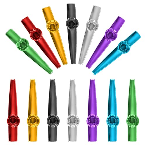 Conjunto de 14 Kazoos Kazoos de Metal Liga de Alumínio Kasu Instrumentos Musicais em 7 Cores Kazoo de Metal para Crianças e Amantes de Música Iniciantes, Favores de Festa para Crianças, Presentes