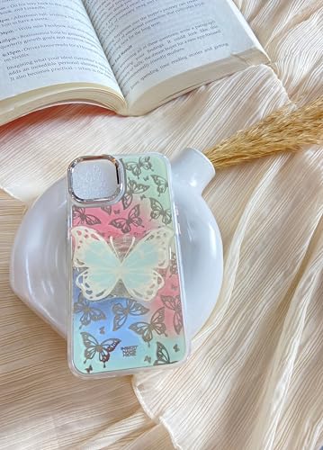 Image of COVERLY for iPhone 15 3D Luxury Butterfly Resin Stand Phone Case,Trendy Mirror Pop Cute Holder Makeup Art Laser Wings -Non Yellowing Pretty Aesthetic Princess Cover for Apple iPhone 15