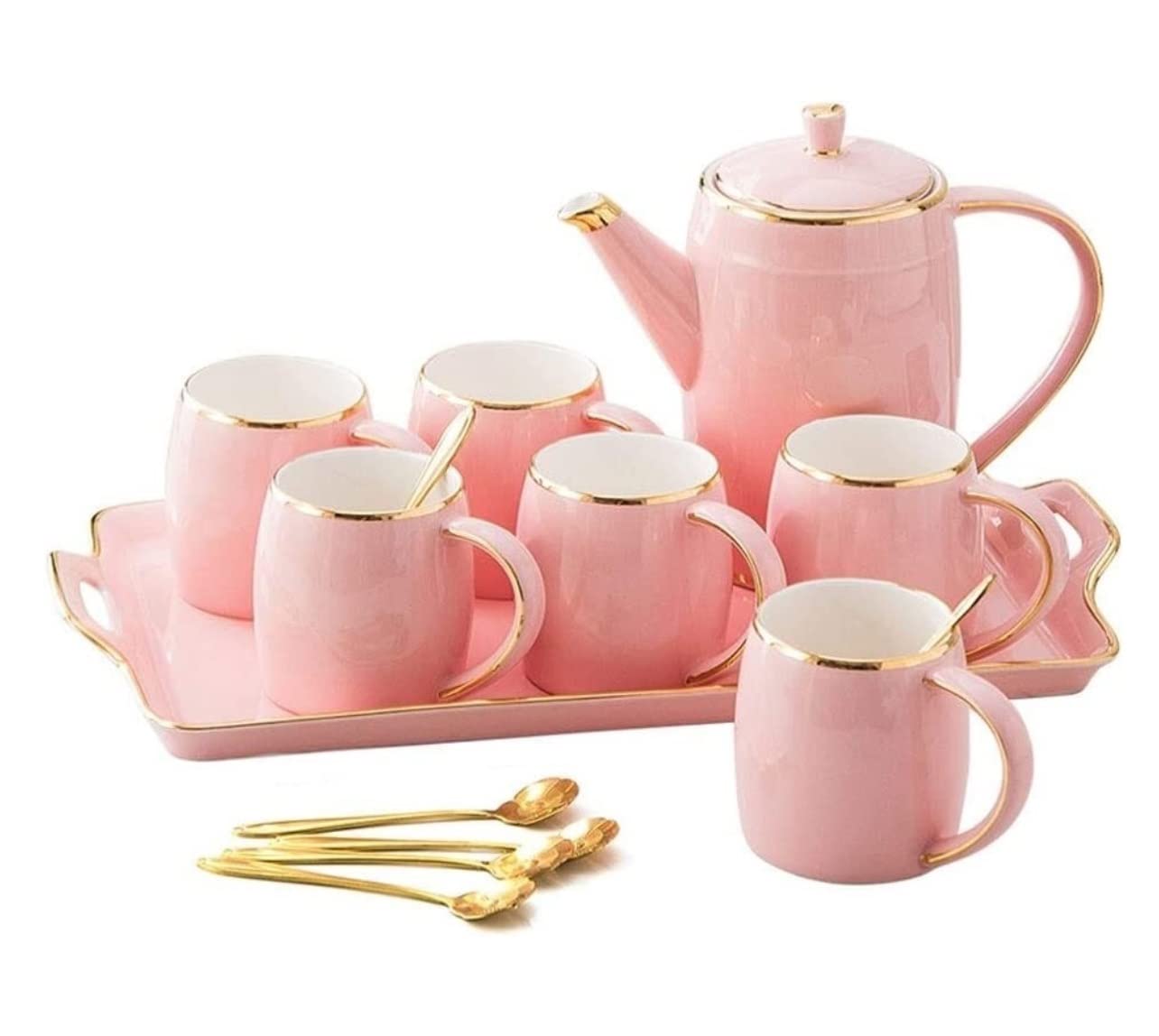 GTHTUHFD Tea Set Tea Cups Teapot Set 14Pcs Nordic Luxury Tea Set Ceramic Coffee Tea Set Phnom Penh Coffee Pot Cup Tray Set Home Afternoon Tea Set Water Set Tea Cup Set Tea Pot Set,Roze-14pcs