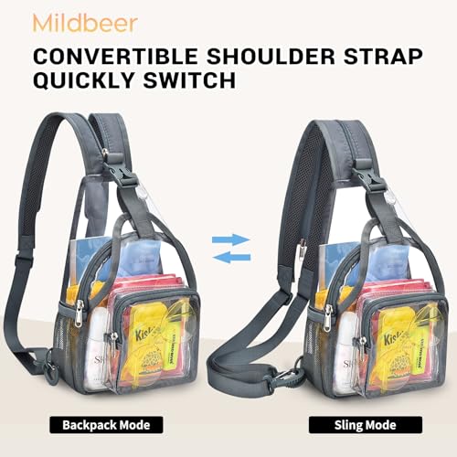 Image of Mildbeer Womens Convertible Clear Backpack, Compact Concert Grey Mini | Convertible PVC sling /shoulder bag for women. Fits phone, cards & lipstick. Ideal for festivals & commute. Stadium compliant