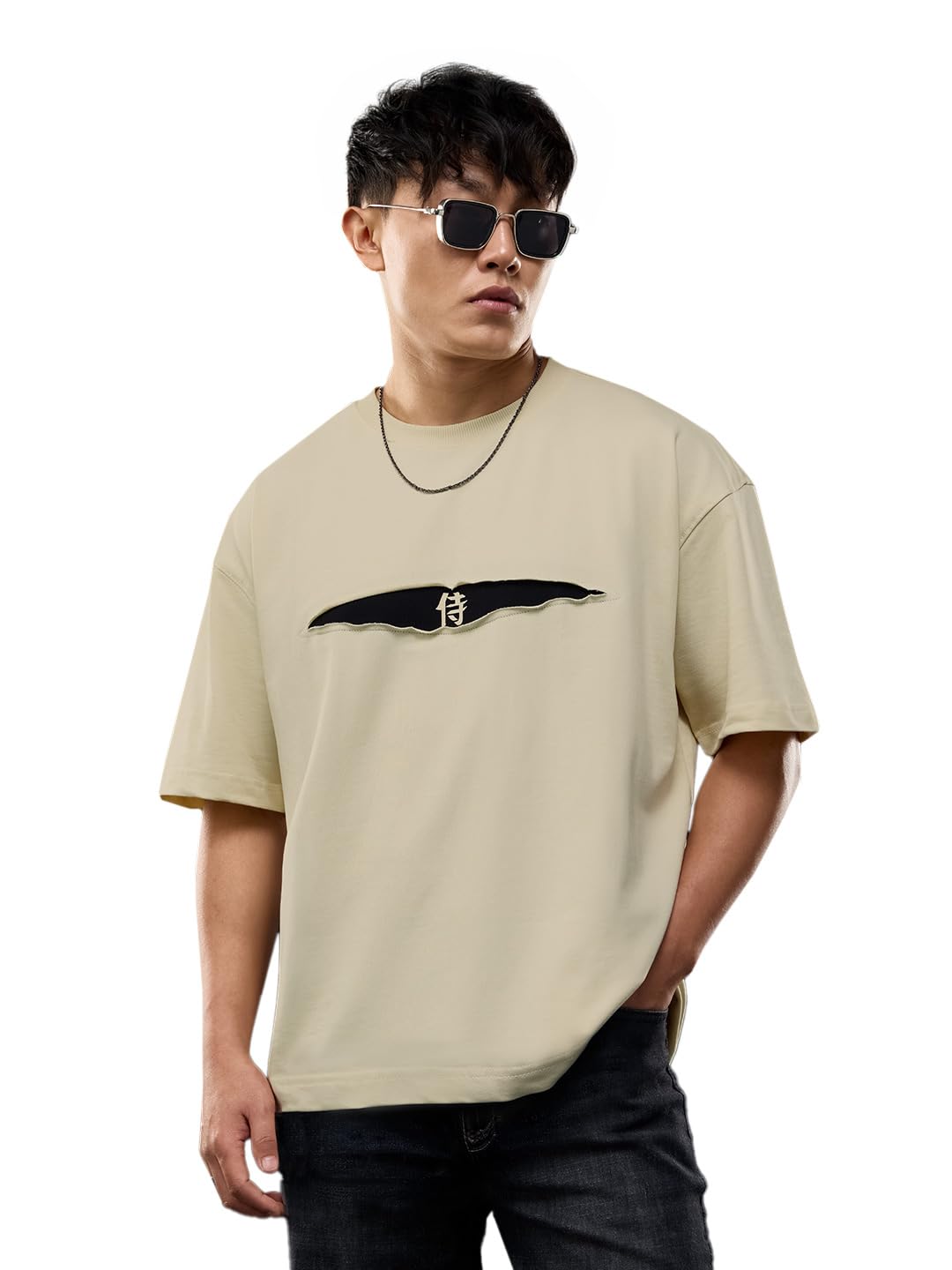 Solar Activated: Oni Mask Men and Boys Short Sleeves Round Neck Beige Graphic Printed Cotton Casual Drop Shoulder Breathable Lightweight Comfortable Streetwear Oversized T-Shirts-image-16