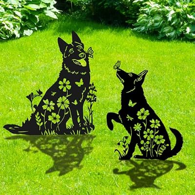 Rngmsi German Shepherd Metal Garden Stakes Yard Decor, 2PCS Black Dog Silhouette Statues Garden Decorative Gifts for Yard Art, Patio, Outside, Lawn Ornaments, Christmas, Backyard