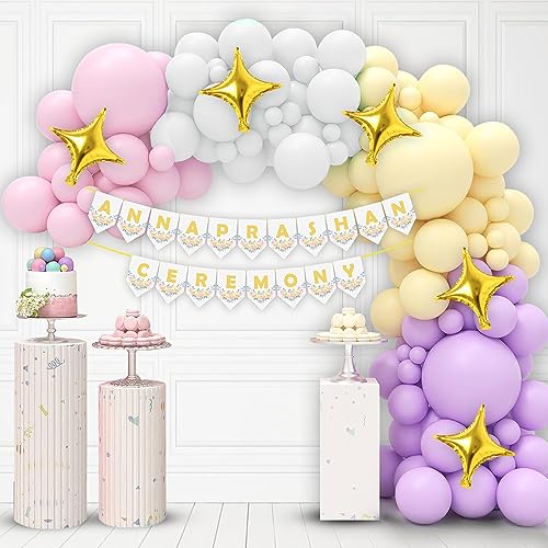 Image of Party Propz Annaprashan Decorations Items - 46 Pcs Pastel Balloons For Decoration with Rice Ceremony Banner, Star Foil Balloons, Baby Annaprasana Decoration Items, Annaprasana Decoration Backdrop