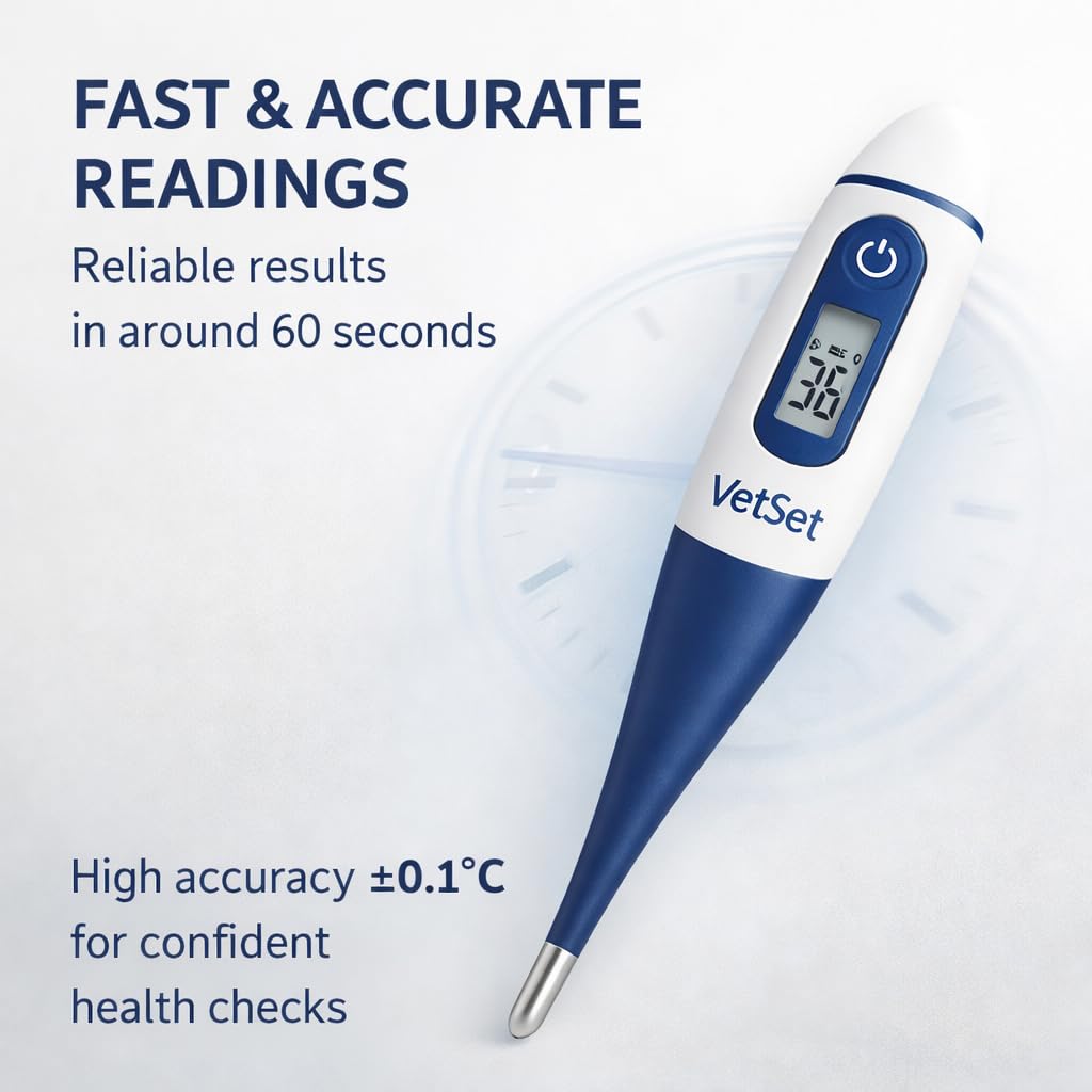 Digitales Veterinärthermometer für Pferde, Hunde, Katzen, Rinder, Nutztiere | Flexible wasserdichte Spitze | Schnelle genaue Messwerte | Aufzeichnung der letzten 5 Temperaturen | 60 Sekunden Messzeit