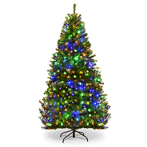 COSTWAY 6FT Pre-Lit Artificial Christmas Tree, Hinged Xmas Tree with 350 Warm White & Multicolored LED Lights, 11 Modes, 1000 Lush Branch Tips and Foldable Metal Stand, Home Office Party Decor Trees