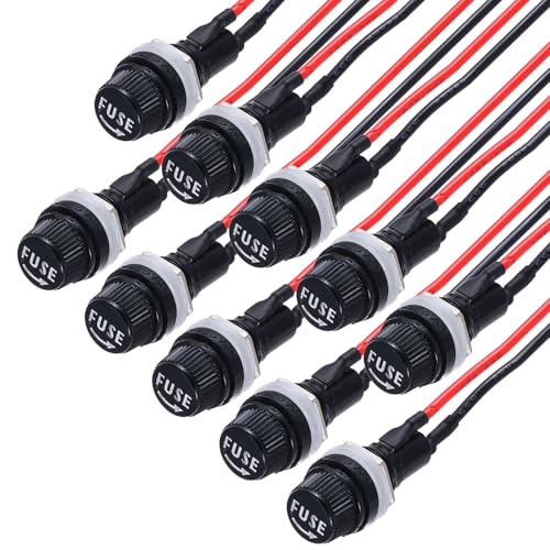 MECCANIXITY 10Pcs Panel Mount Fuse Holder 5x20mm AC 250V 10A/AC 125V 15A Screw Cap Fuse Holders with Pre-Soldered Wires,Oblate Port