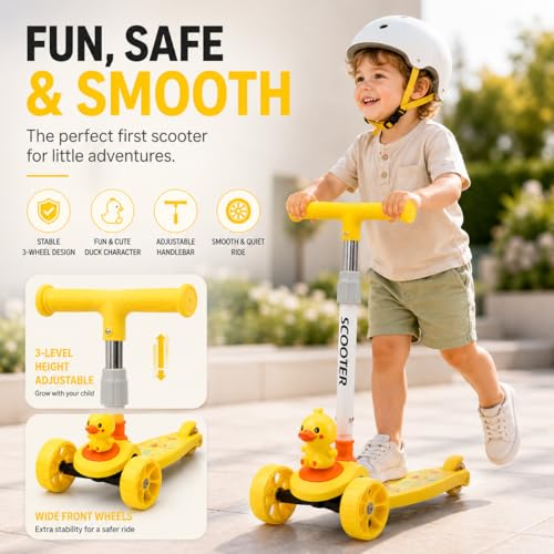 Image of MiniExplorer Zoomie Kids Kick Scooter with LED Wheels, 3 Wheel Scooter for Boys & Girls, Adjustable Height Handle, Foldable Lightweight Scooter for Kids Age 3+ Years - Duck