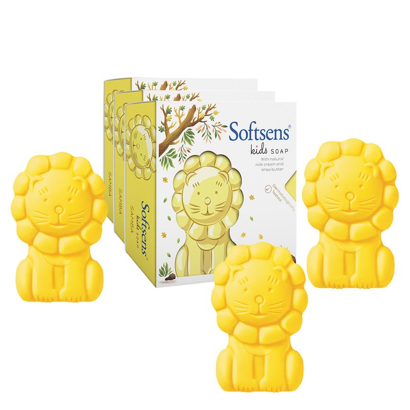 Image of Softsens Kids Soap Samba 75g each ( Pack of 3 x 75g) | Gentle Nourishing Care with Shea Butter & Natural Milk Cream, Dermatologist Tested Baby Soap, Moisturizing Animal Shape Bar Soap For Toddlers & Kids 2-10 Years