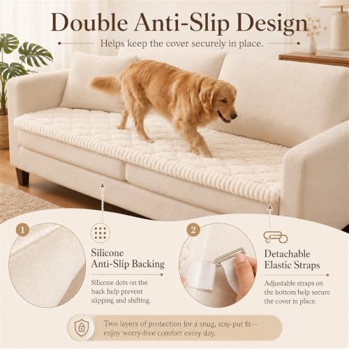 NILUOH Couch Cover for Dogs Washable, Thick Flannel Couch Cover for Sofa, Furniture Cover for Pets with Non Slip and Elastic Straps, Suitable for Sectional Sofa/Loveseat (White, 27.6" x 59") — view 4