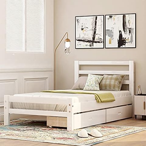 Baysitone Twin Platform Bed with Two Storage Drawers, Wood Bed Frame with Headboard/Wood Slat Support/No Box Spring Needed/Easy Assembly (White,Twin) Cover