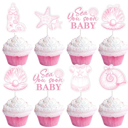 36Pcs Sea You Soon Baby Cupcake Toppers Pink Starfish and Shell Beach Ocean Animals Cupcake Toppers for Girl Boy Under The Sea Baby Shower Gender Reveal Decoration Supplies