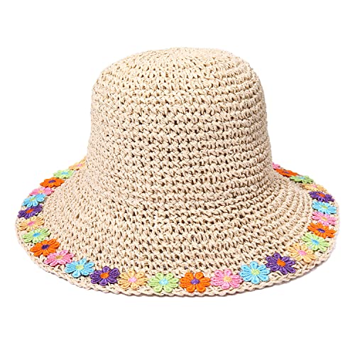 Vokone Sun Hat Womens Embroidered Flower Trim Straw Bucket Sun Hat Packable Floppy Summer Beach Hat Travel Accessories (Beige) #TOP19