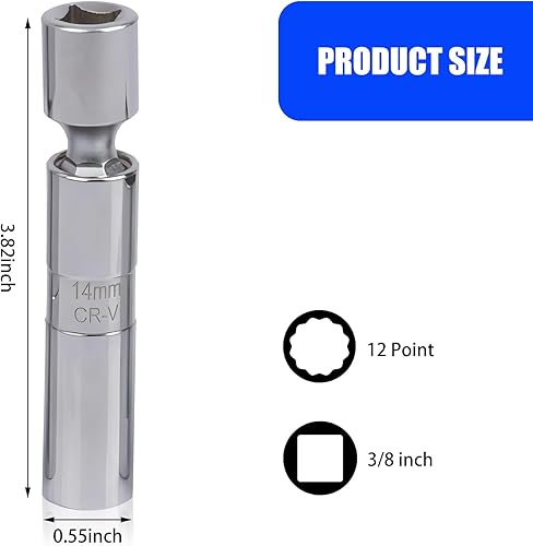 Miniatura 2 de 1 llave ultrafina de 0.555 pulgadas para bujías de automóvil, llave de 0.55 pulgadas, herramienta de desmontaje de bujías de 12 puntos, junta