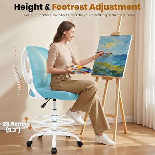 Image of Primy Drafting Chair Tall Office Chair with Flip-up Armrests Executive Ergonomic Computer Standing Desk Chair with Lumbar Support and Adjustable Footrest Ring(Blue)