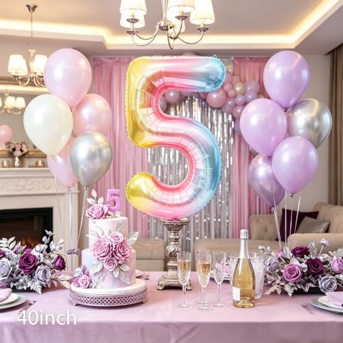 Image of Rainbow Number Balloons Birthday Balloons - Giant Number 5 Balloon 40 inch, Numbers Balloon Birthday Decorations, Rainbow Party Supplies for Baby Shower