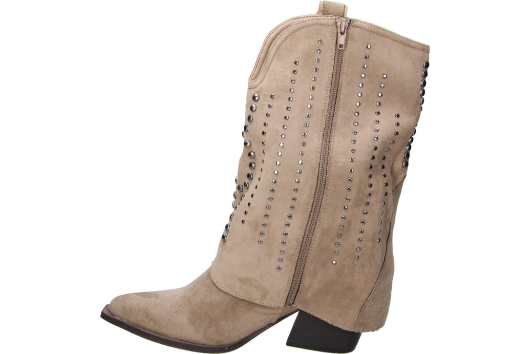 Buonarotti Botines de Tacón Mujer – Bota con Tacón en Color Beige con Tachuelas – Botín con Cremallera Lateral – Tacón Medio y Cómodo – Modelo A5457 – 41 EU