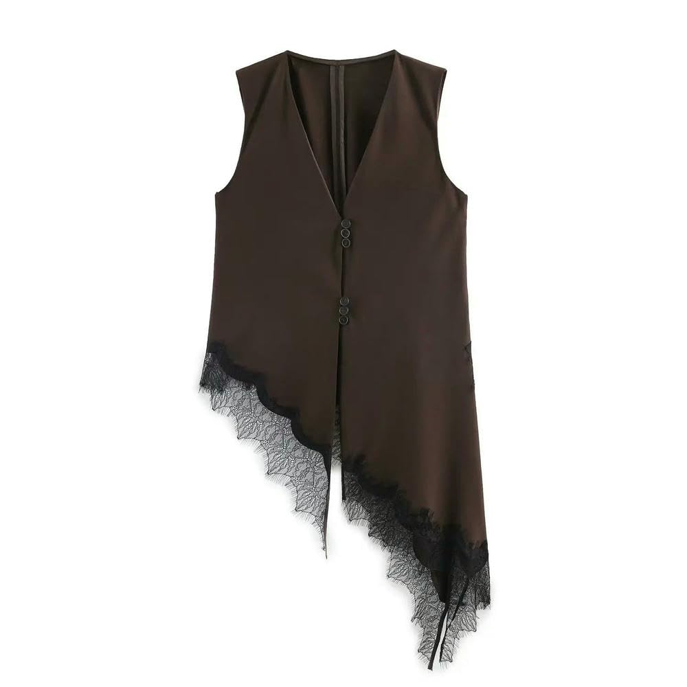QXDZSW Été Femmes Mode Col V Asymétrique Dentelle Décoration Top Femme Sexy Dos Nu Sans Manches Bouton Solide Partie Top